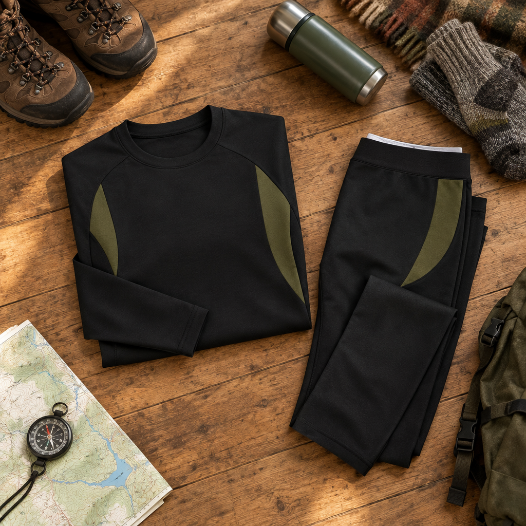 Black base layer set with walking boots and a flask