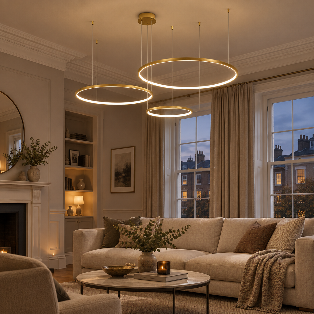 Gold ring pendant light glowing in a modern British living room