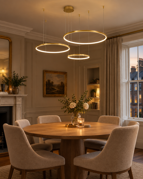 Aldgate three-ring gold LED pendant light above a dining table