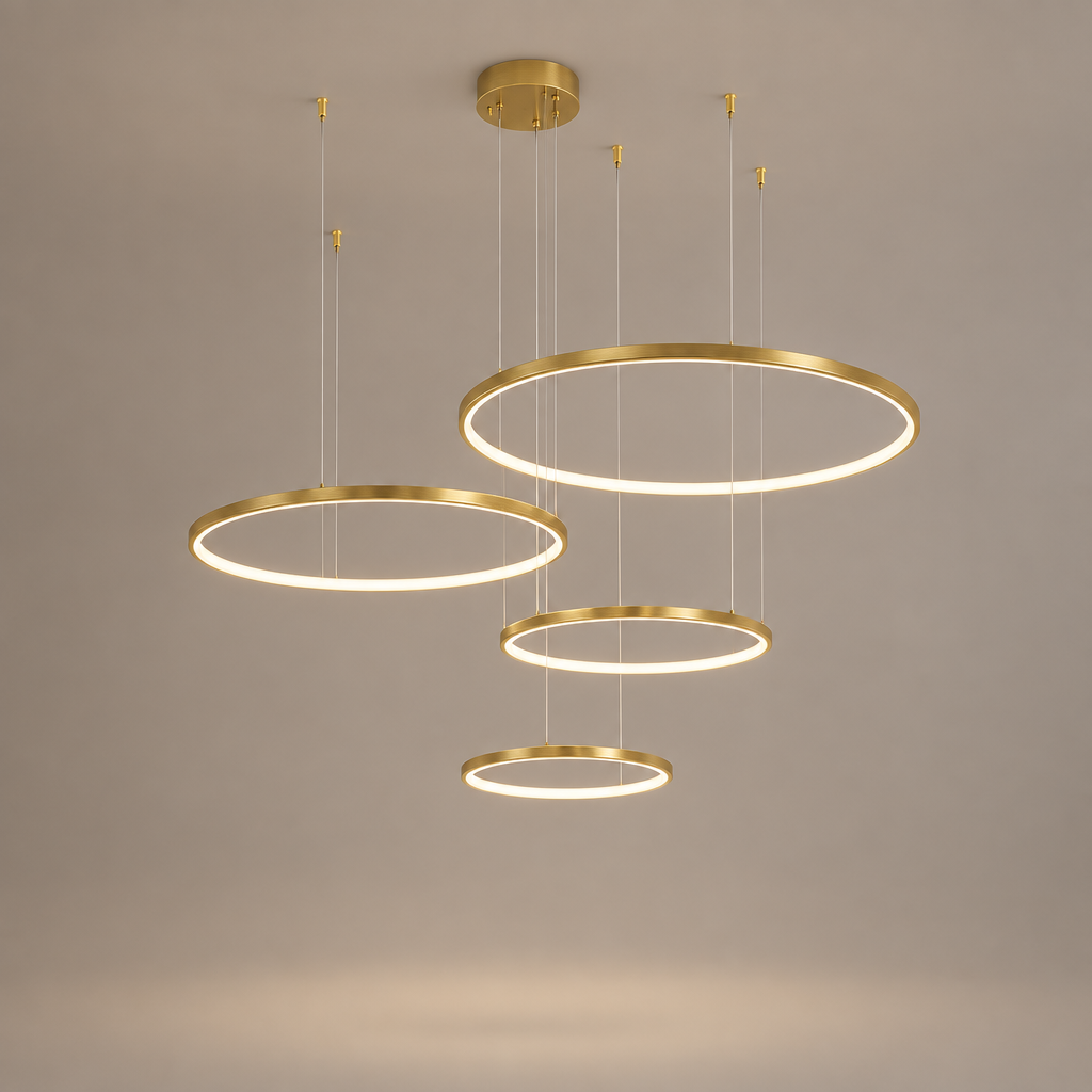 Aldgate gold ring LED pendant light, 4 rings 100/80/60/40 cm