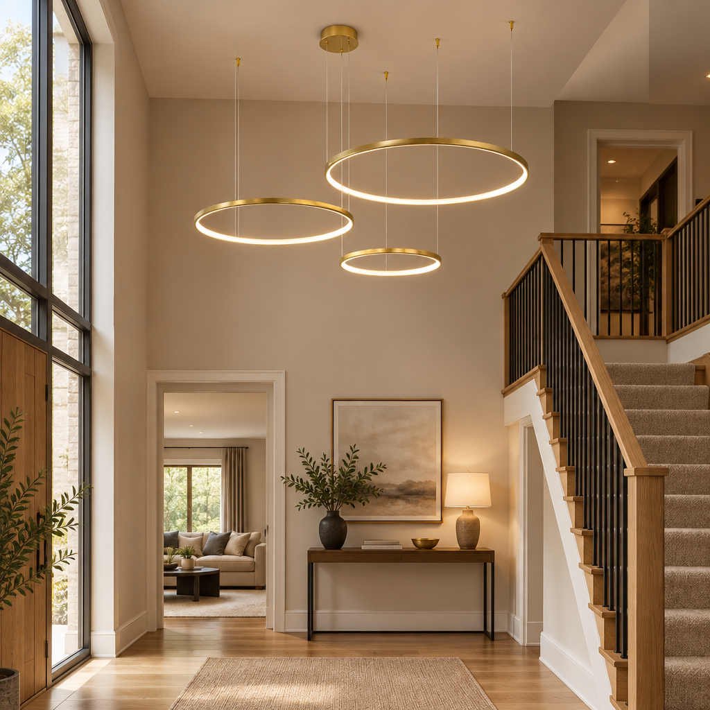 Gold ring pendant light in a double-height hallway