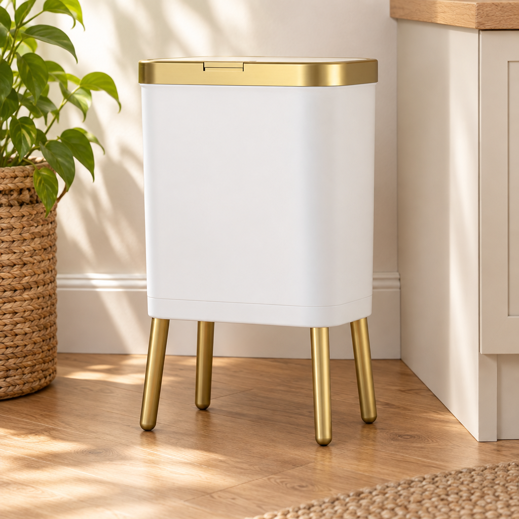 Close-up of the metallic trim and raised gold legs