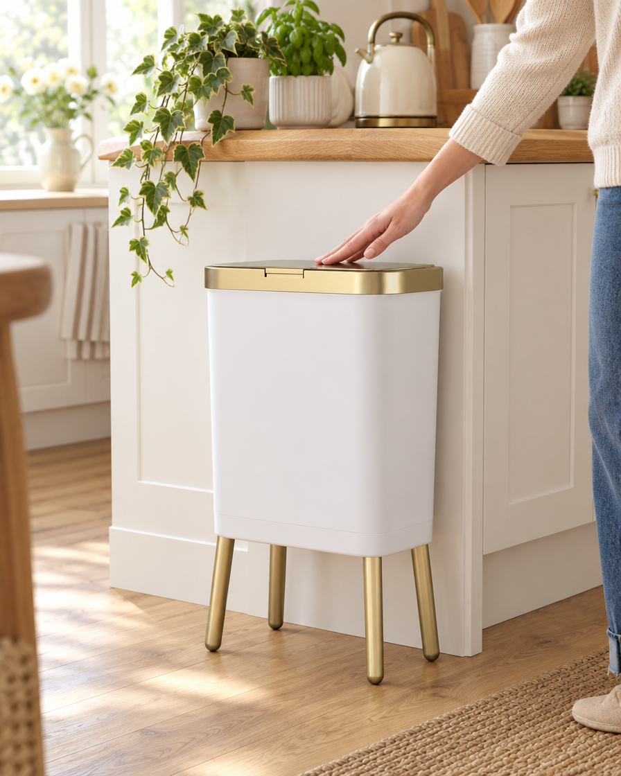White Linford slim flip-top bin beside a shaker kitchen counter