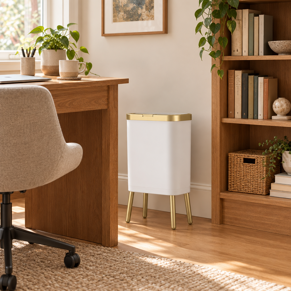 White slim bin next to a desk in a home office