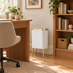 White slim bin next to a desk in a home office