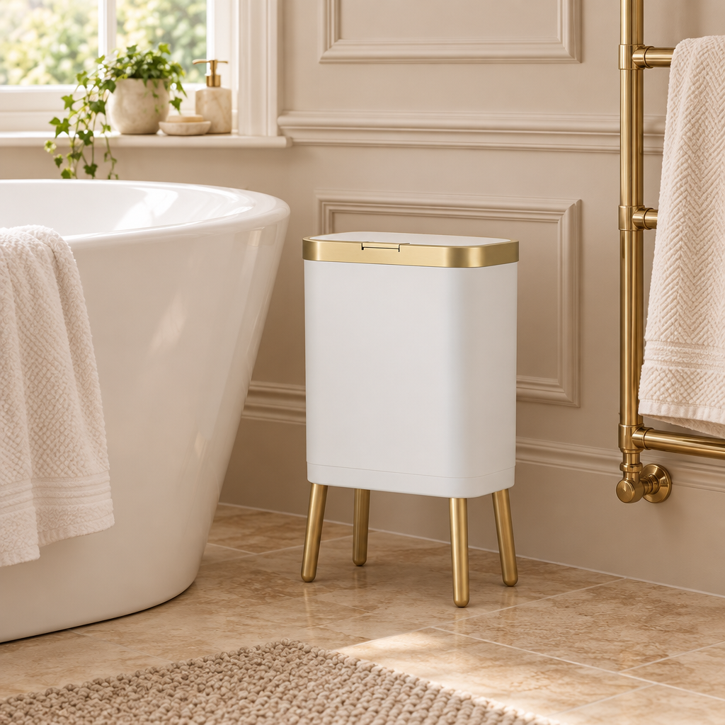 White slim bin beside a freestanding bath