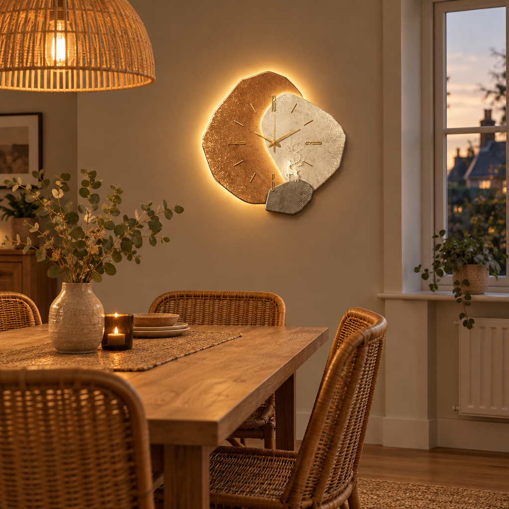 Terracotta LED wall clock above a dining table at dusk