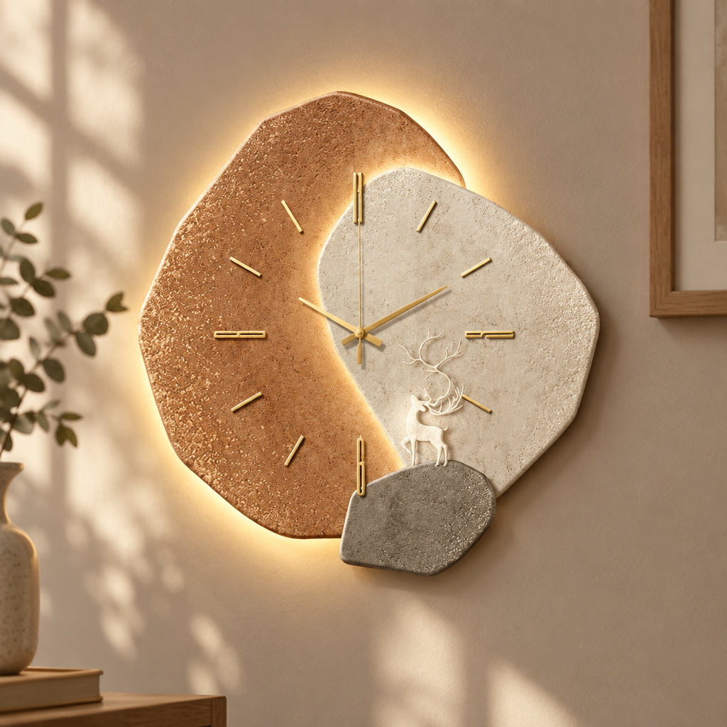 Close-up of the layered surfaces, gold hands and LED halo