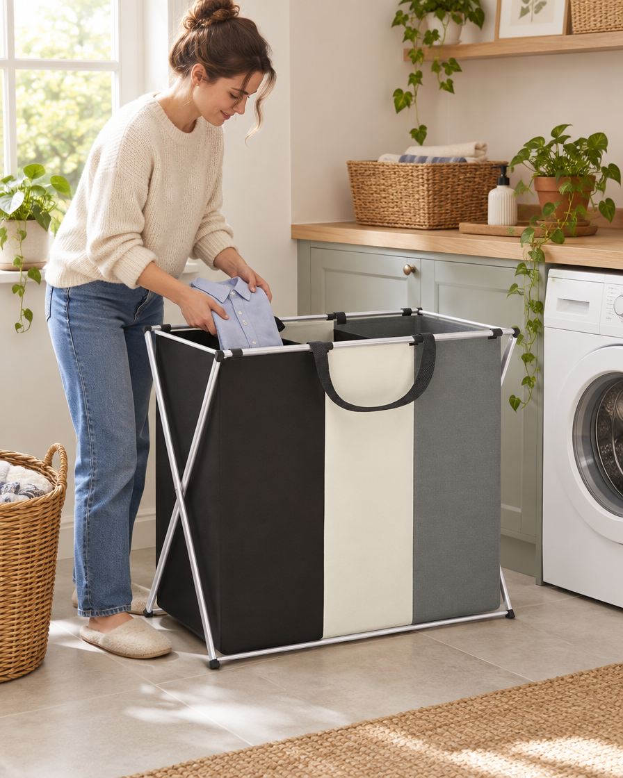 Brierley three-section laundry sorter in a British utility room