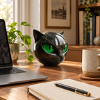 Black cat sculpture with green eyes on a writing desk