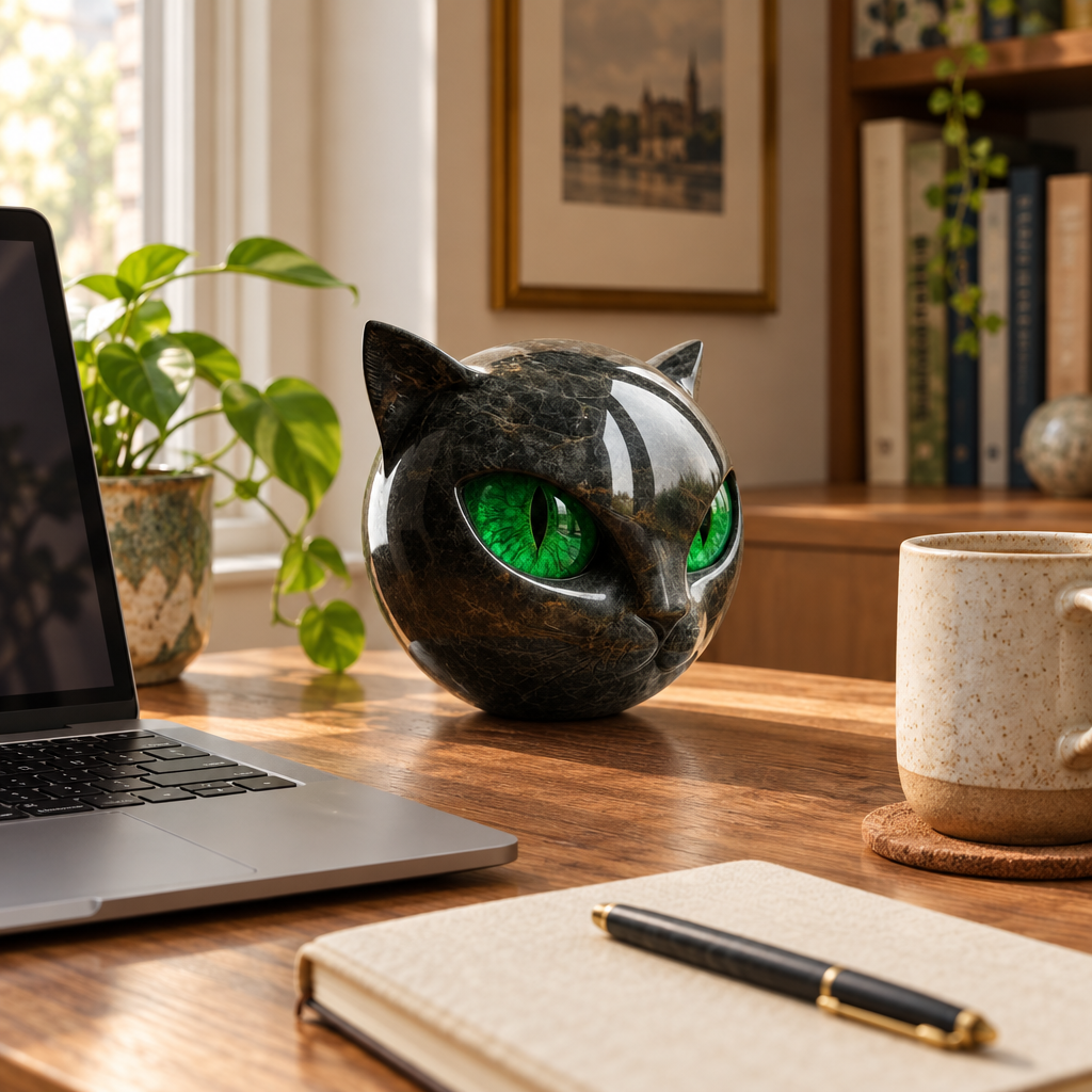 Black cat sculpture with green eyes on a writing desk
