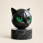Sable black cat head sculpture with green eyes