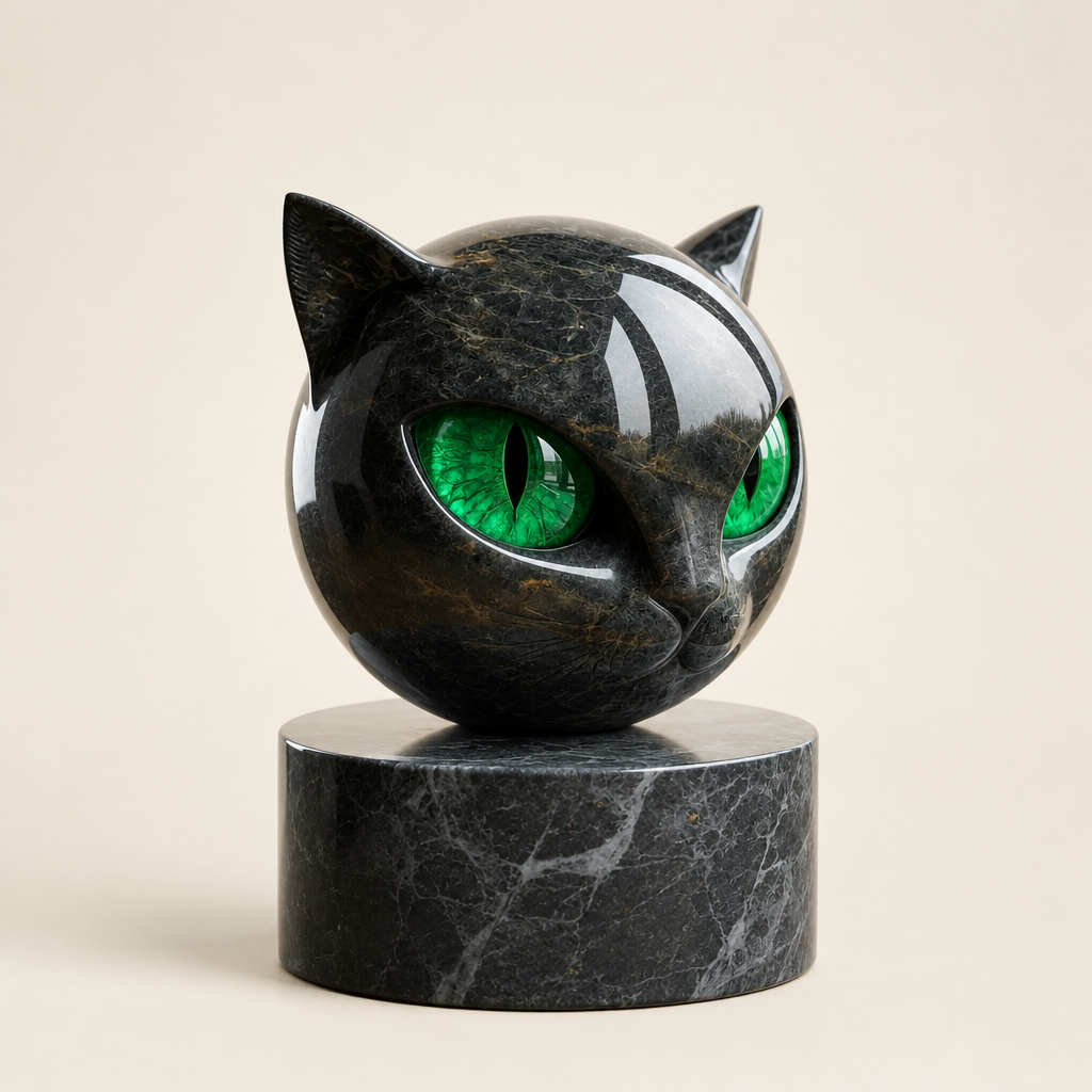 Sable black cat head sculpture with green eyes