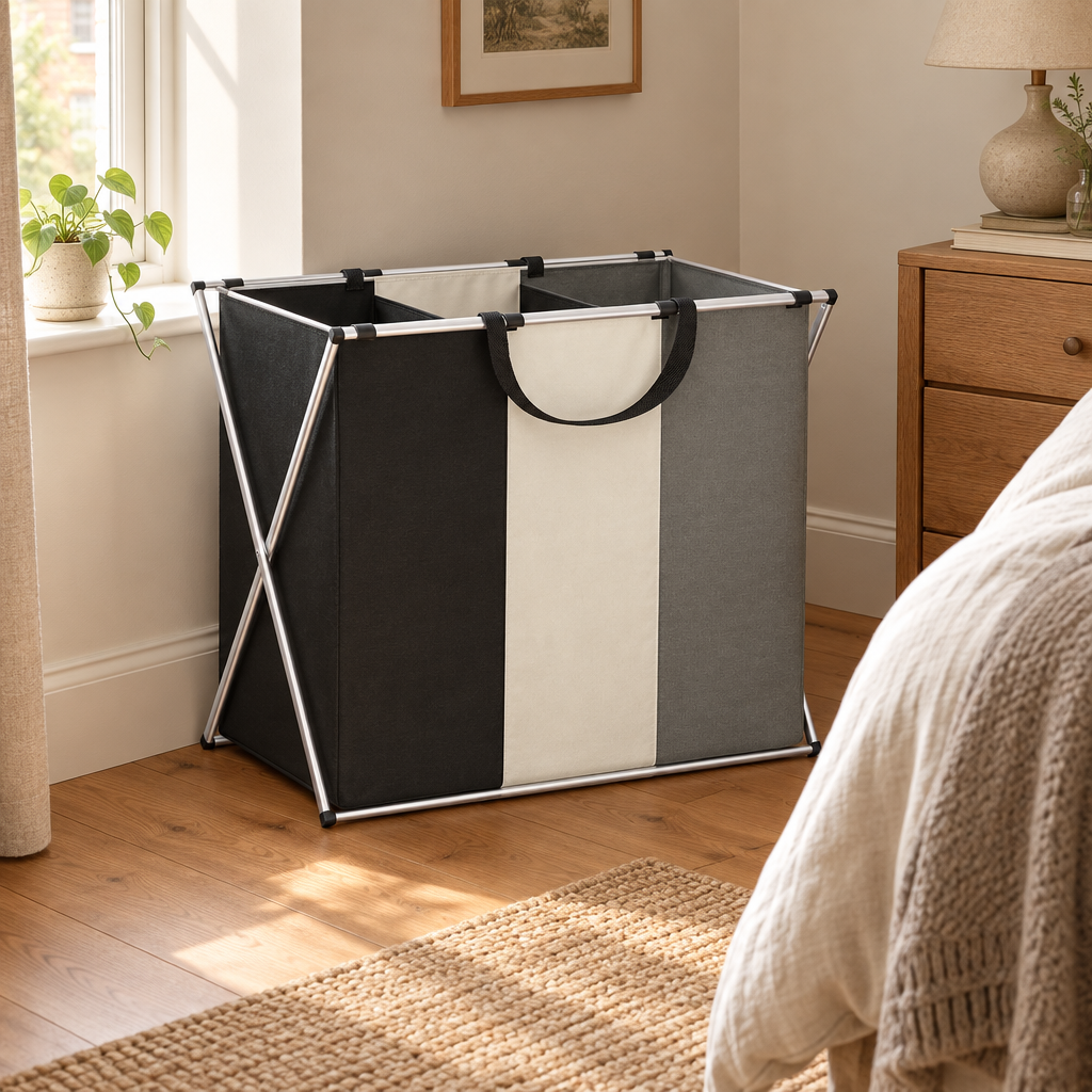 Three-section laundry sorter in a calm bedroom