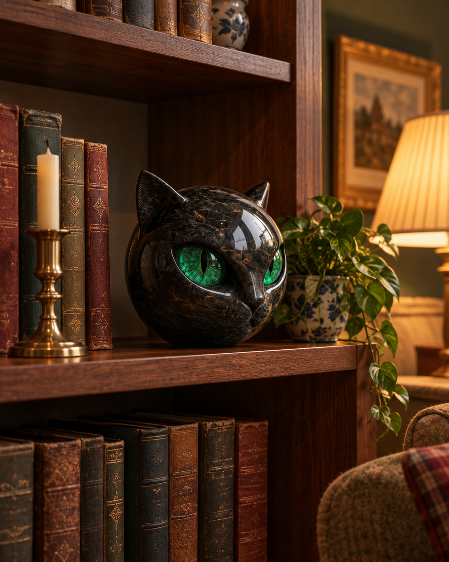 Sable black cat head sculpture with green eyes on a bookshelf
