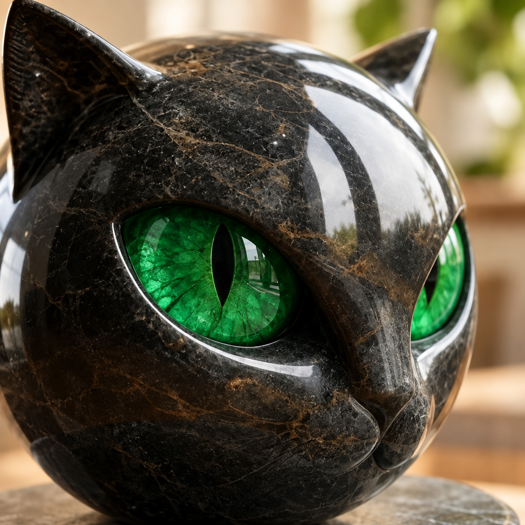 Close-up of the green eyes and glossy marble-effect finish