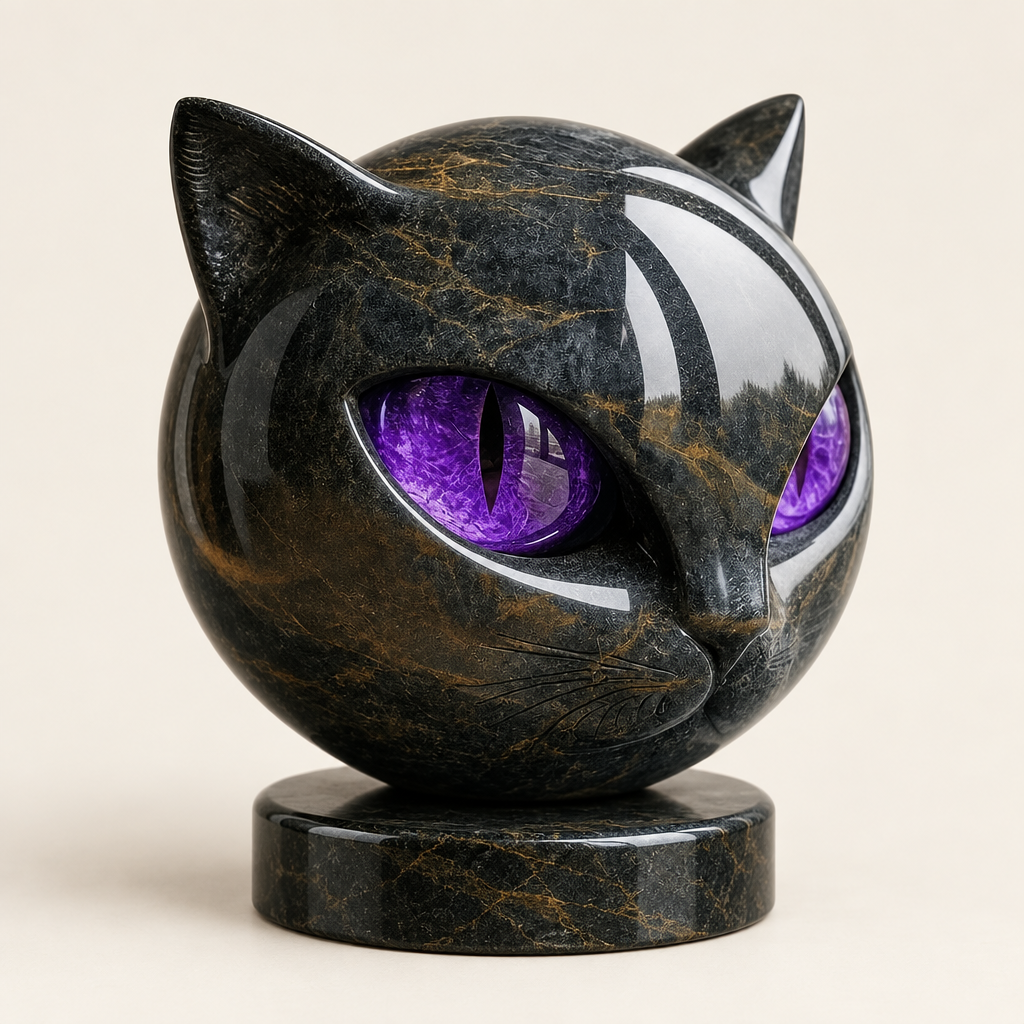 Sable black cat head sculpture with purple eyes