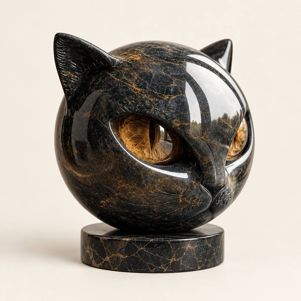 Sable black cat head sculpture with amber eyes