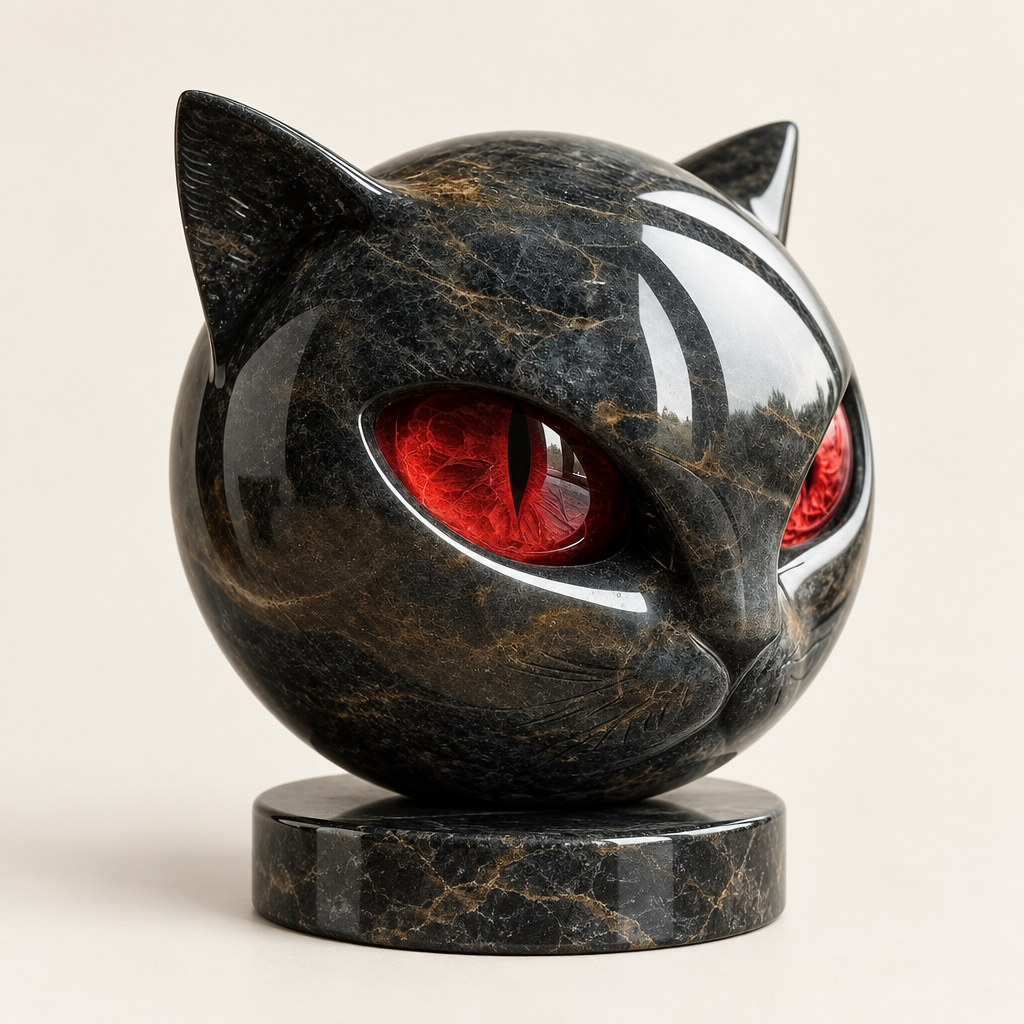 Sable black cat head sculpture with red eyes