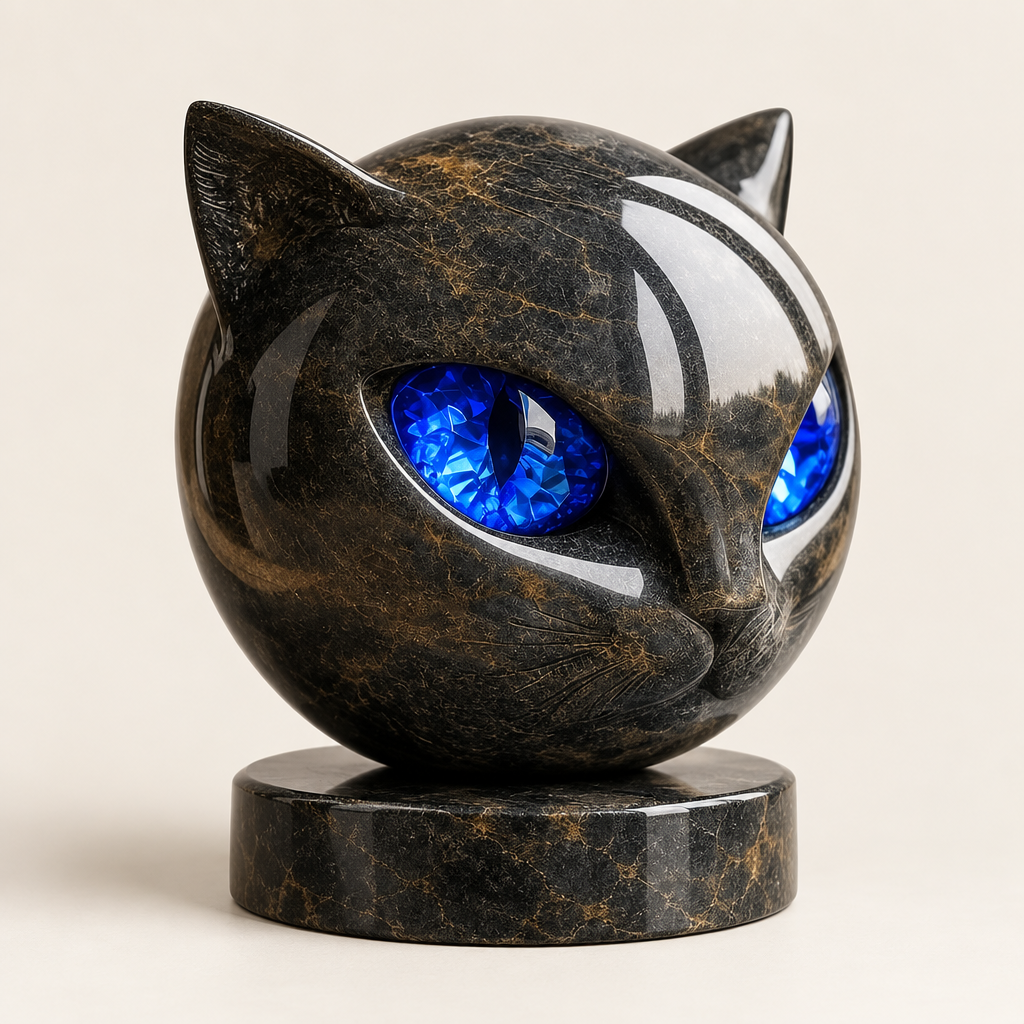 Sable black cat head sculpture with blue eyes