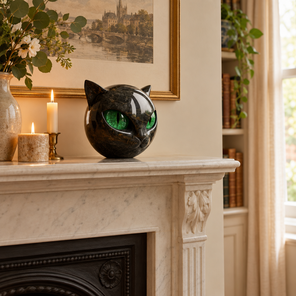 Black cat sculpture on a mantelpiece with candles
