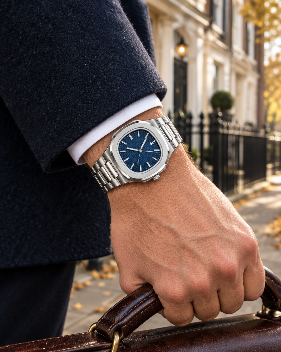 Kingsbury men's stainless steel quartz watch in Steel/Blue on the wrist