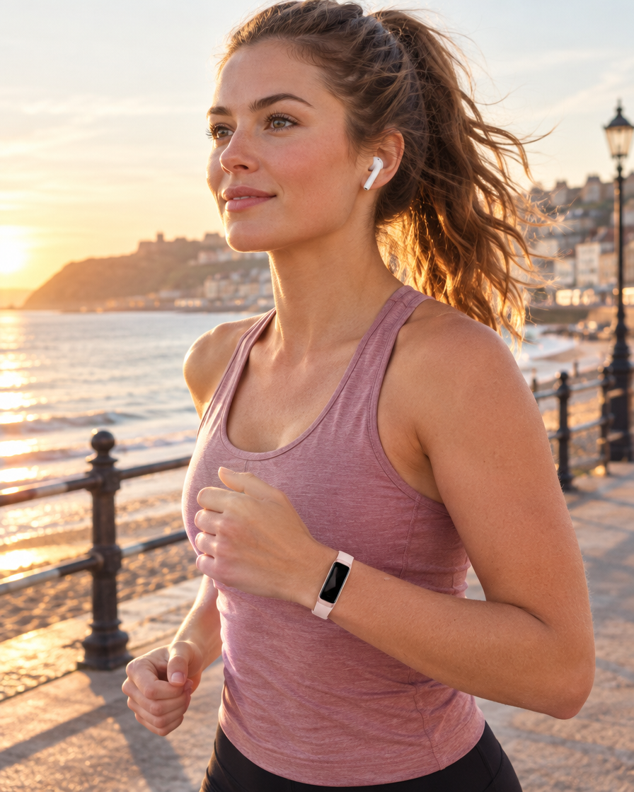 Whitby slim fitness tracker in Pink worn on the wrist