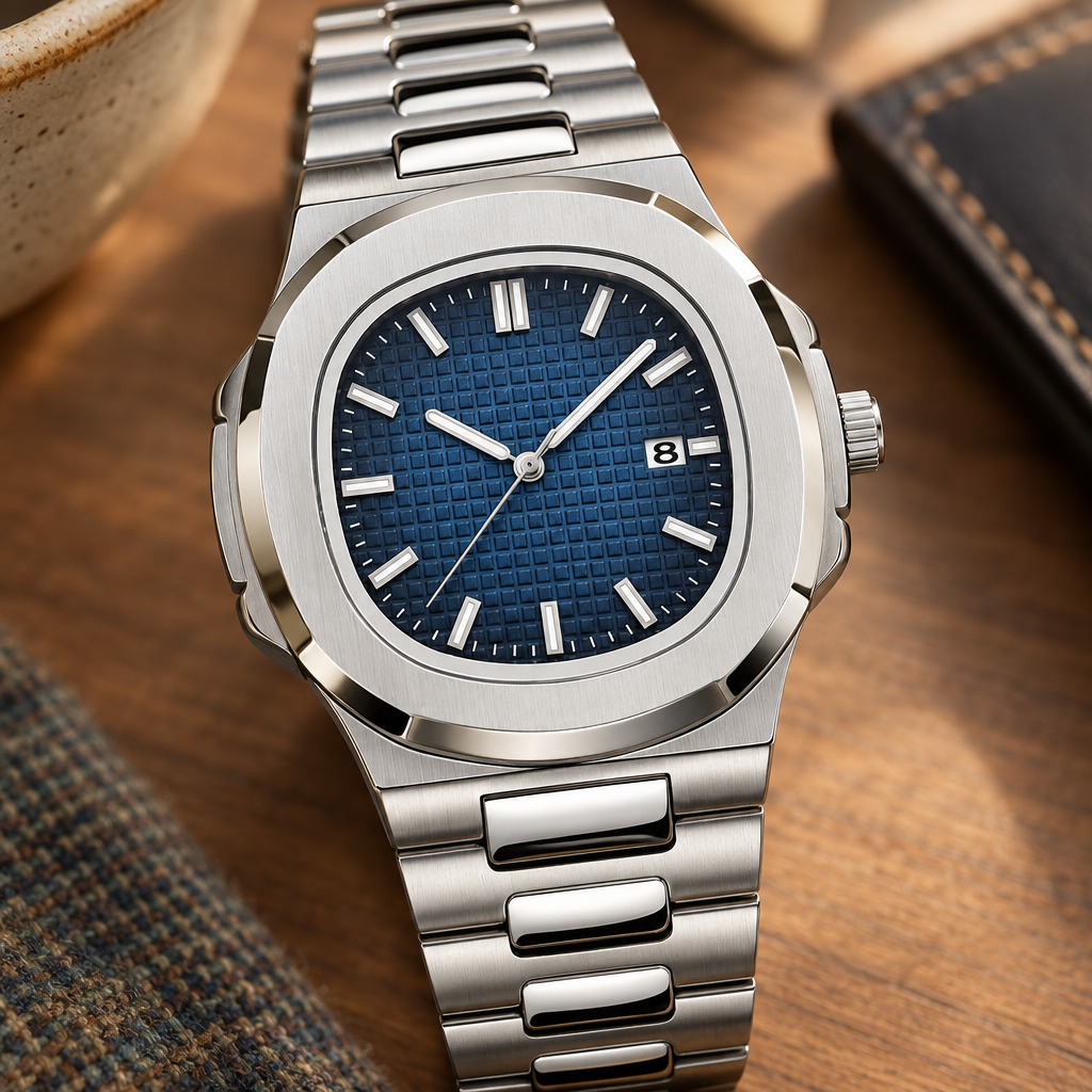 Close-up of the Kingsbury watch dial and bracelet