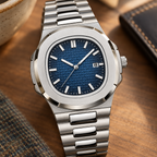 Close-up of the Kingsbury watch dial and bracelet