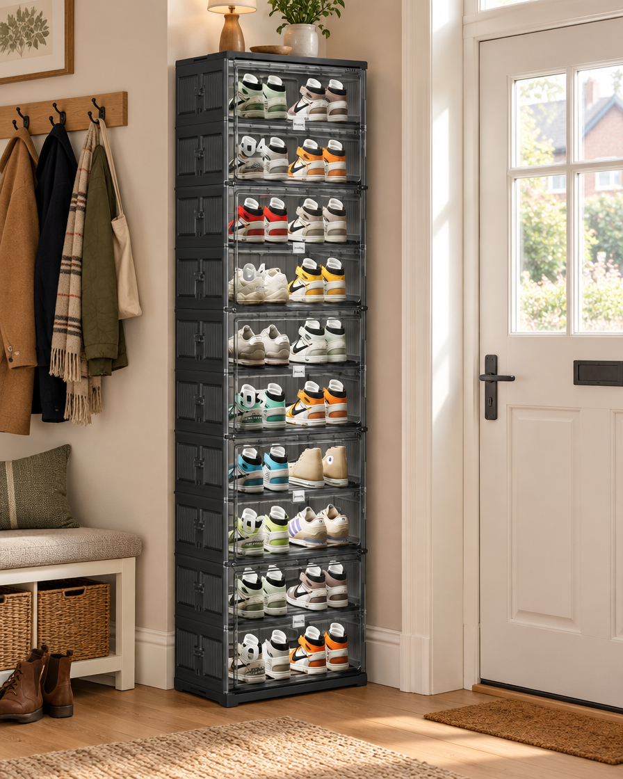 Ellesmere 8-tier stackable shoe storage in Black in a hallway
