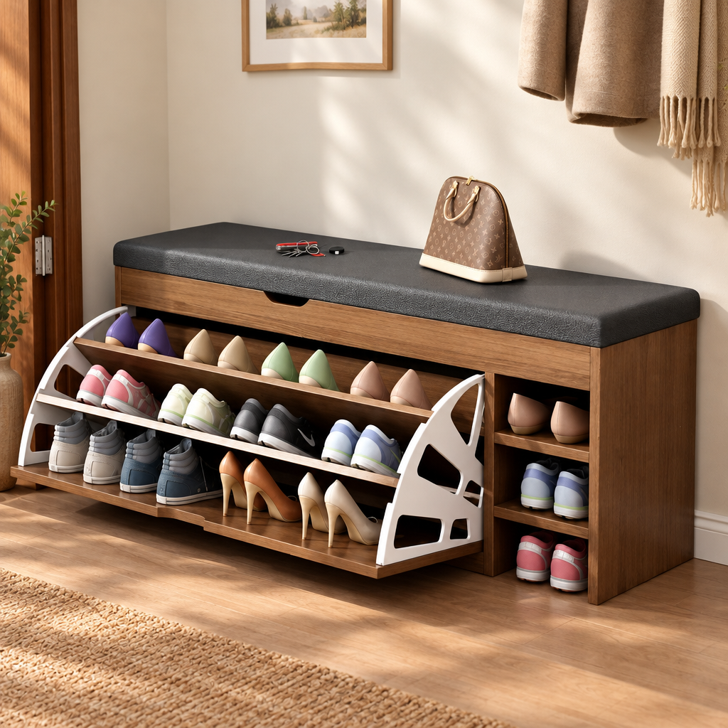 Hawksmoor bench with flip-top open showing the folding shoe rack