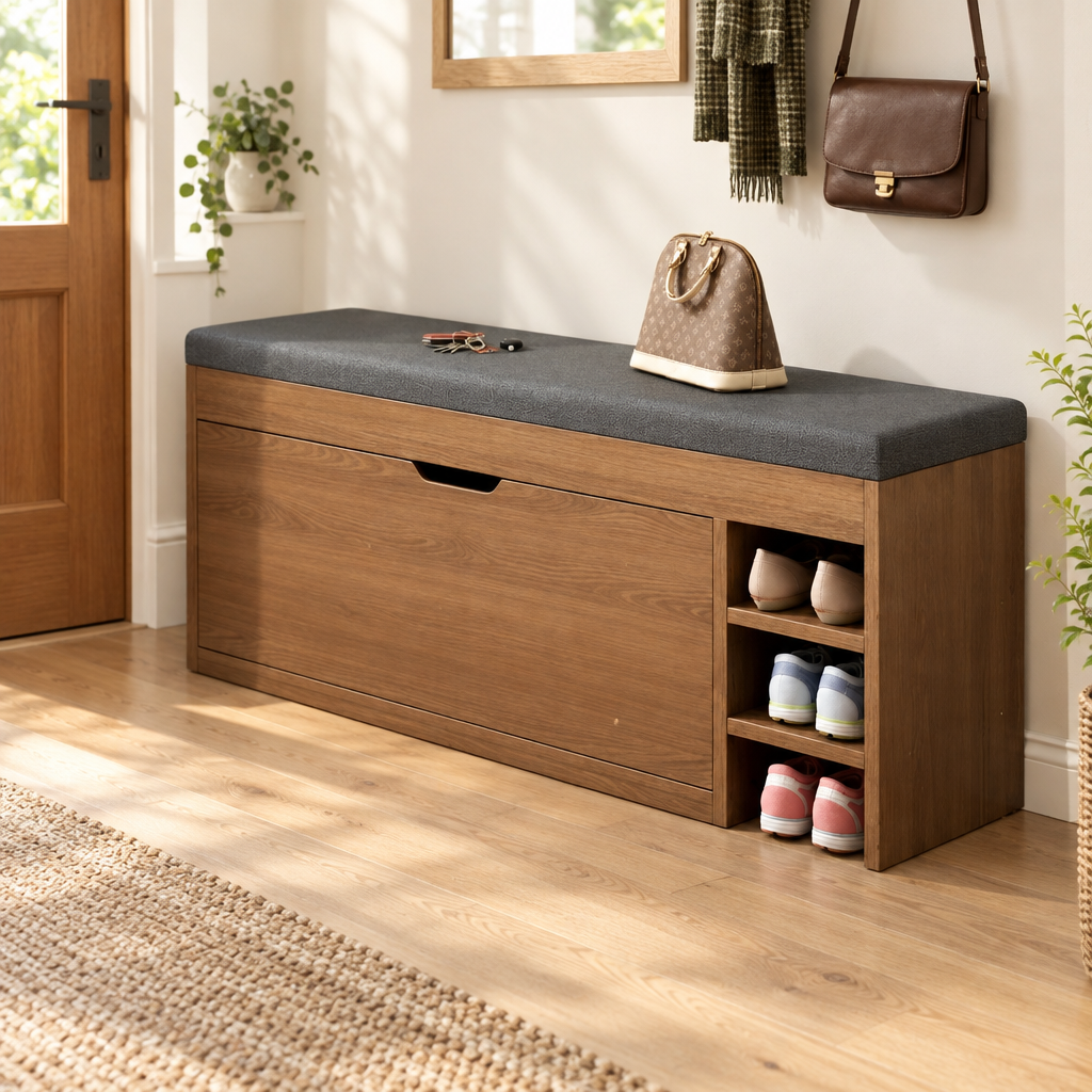 Hawksmoor shoe bench in Brown, side view with open shelves