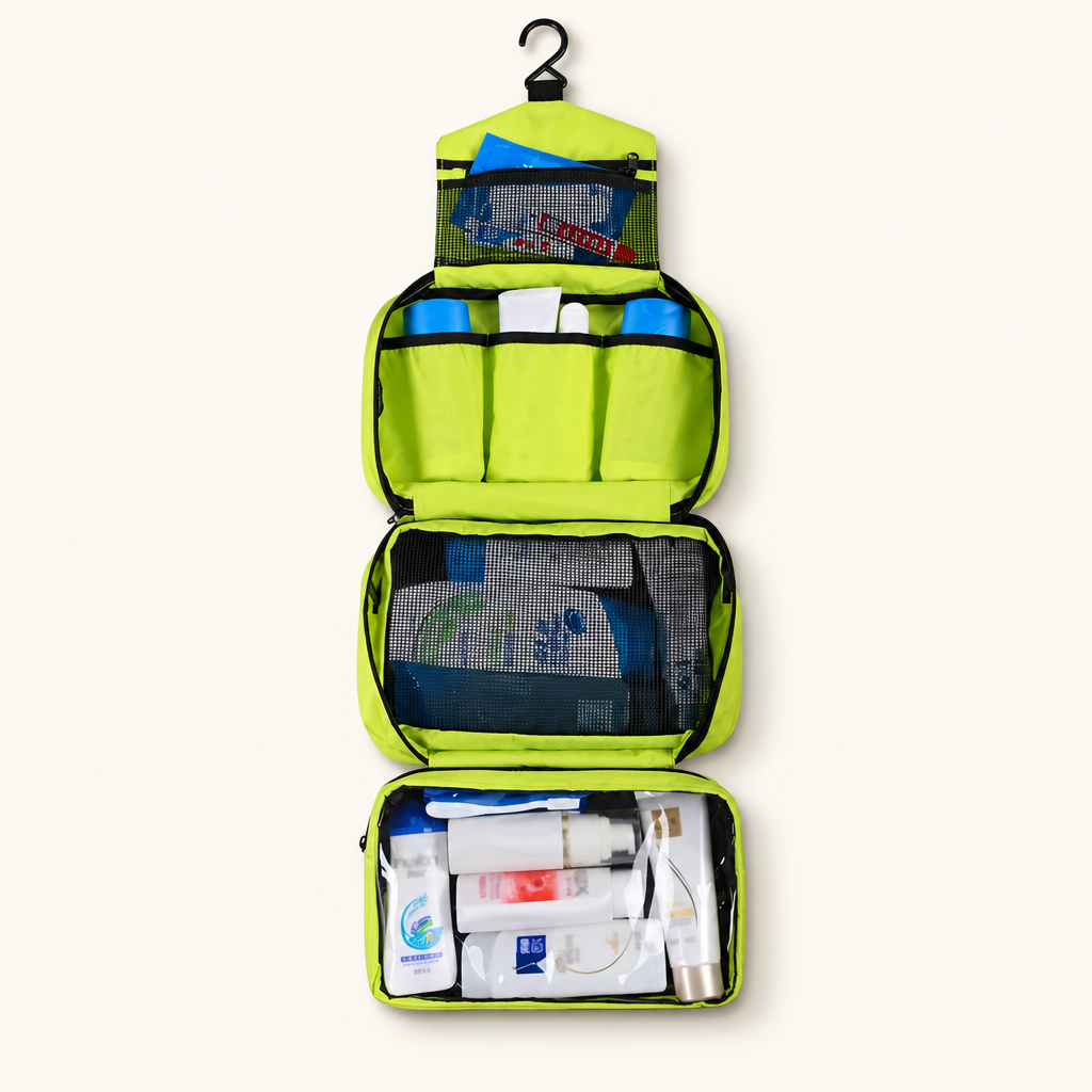 Wakefield toiletry bag opened out showing all compartments