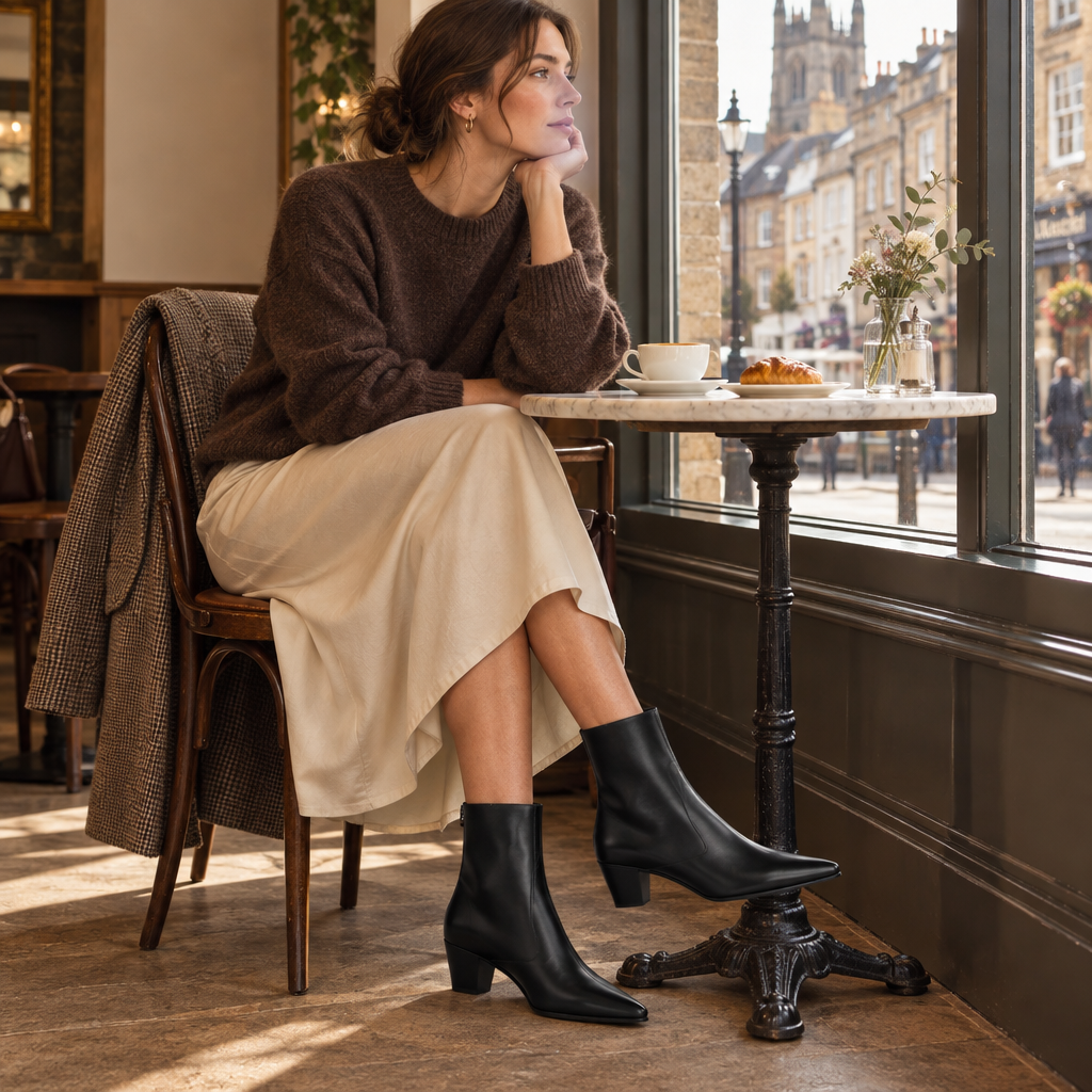Mayhew ankle boots worn with a midi skirt