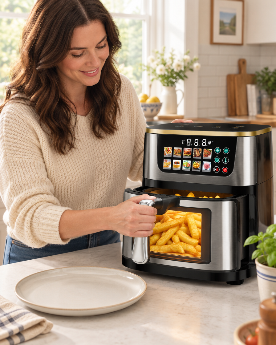 Ravensworth 10 L stainless steel air fryer in use in a family kitchen