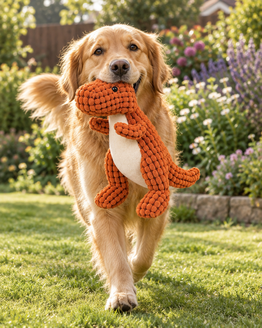 Golden retriever carrying the Pickering plush dinosaur dog toy in Orange