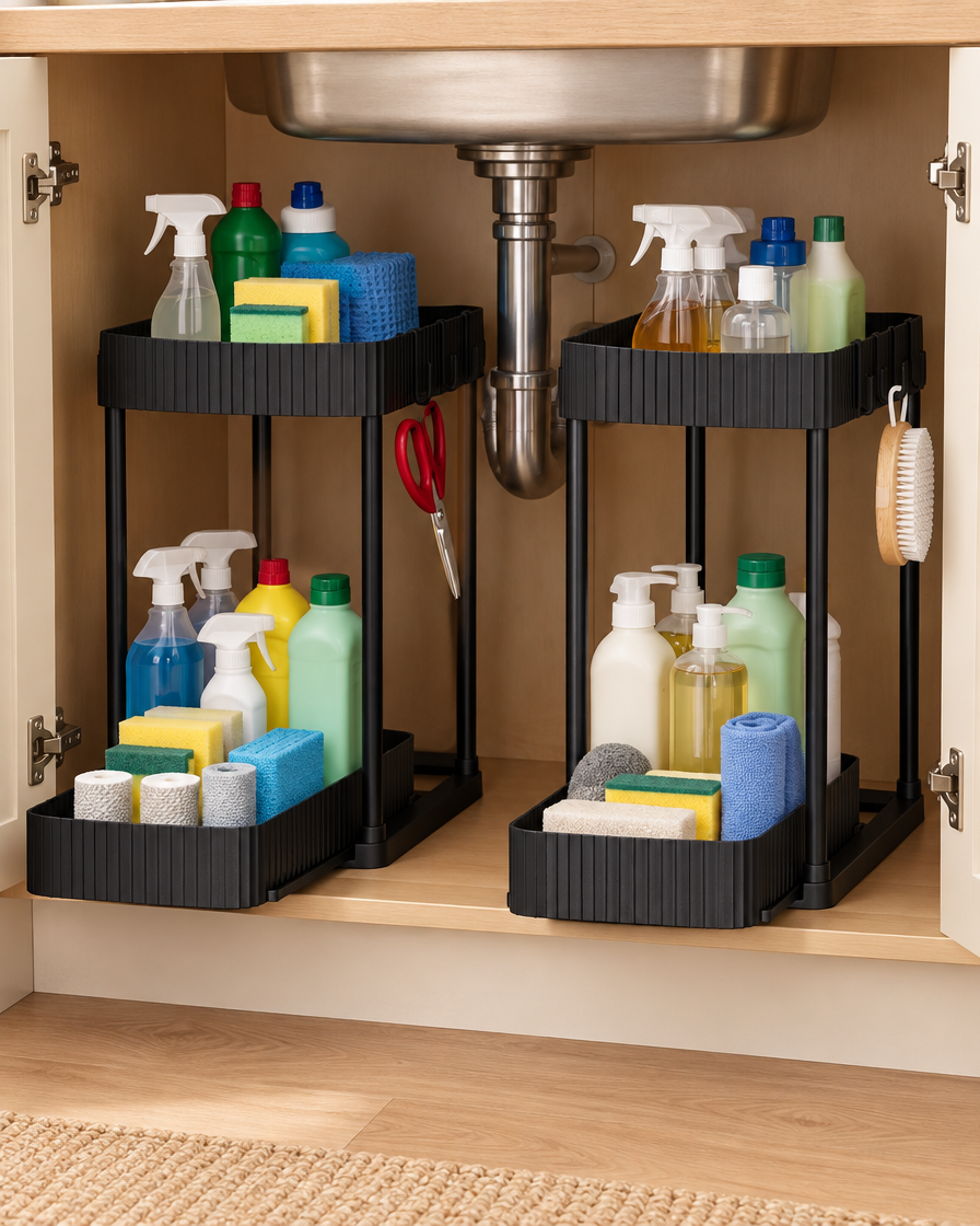 Tetbury pull-out under-sink organisers in Black inside a kitchen cupboard