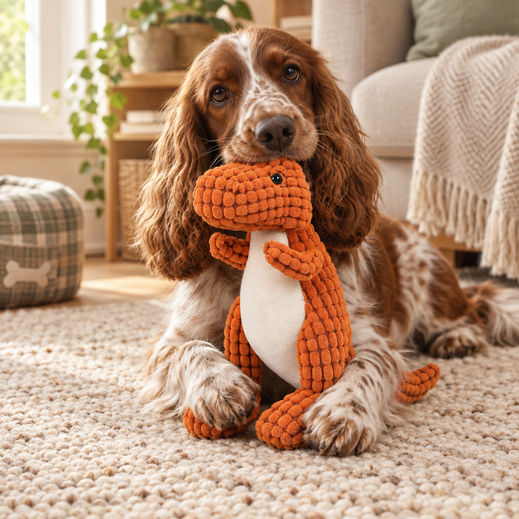 Spaniel with the Pickering dinosaur toy on a rug