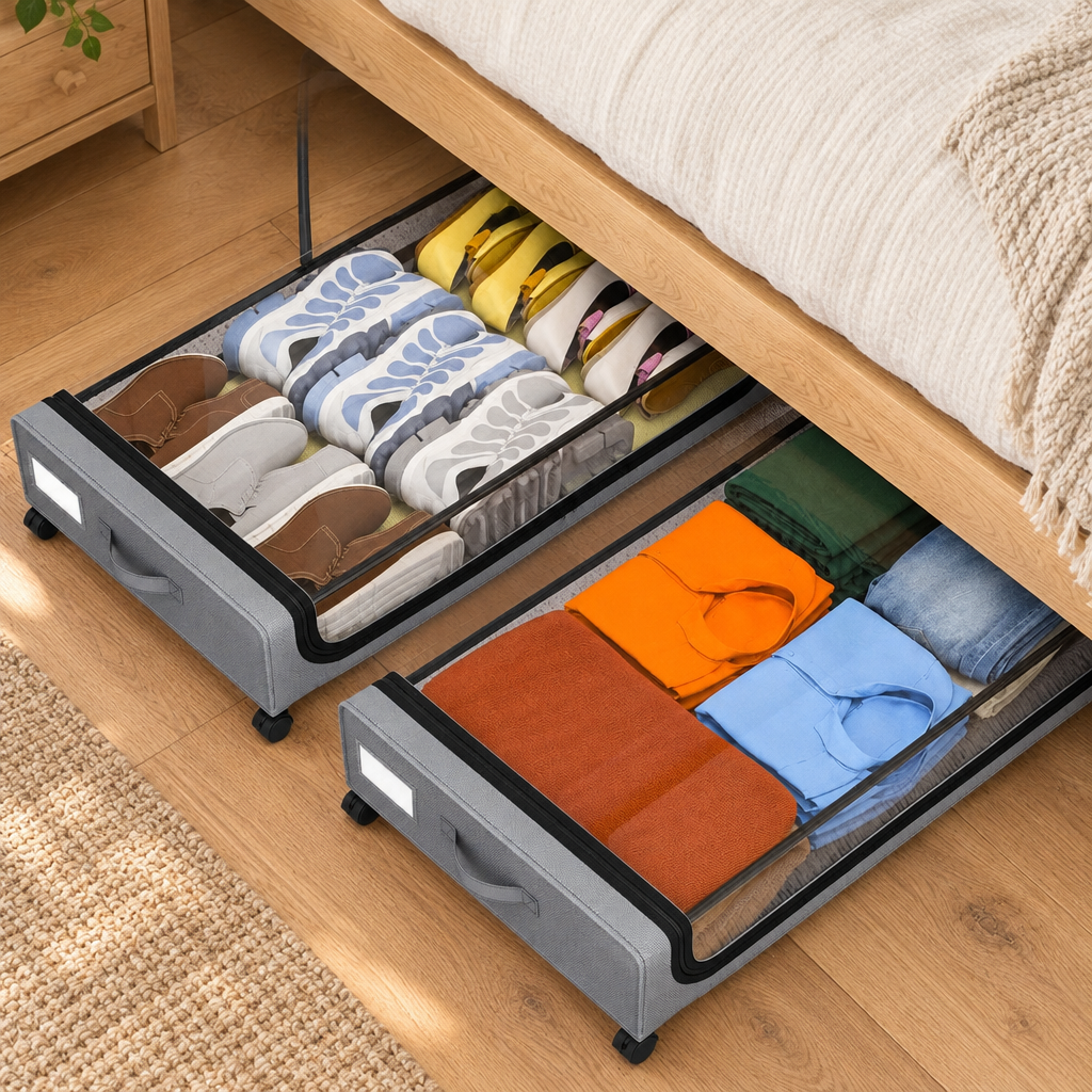Harrington underbed box open with folded clothes