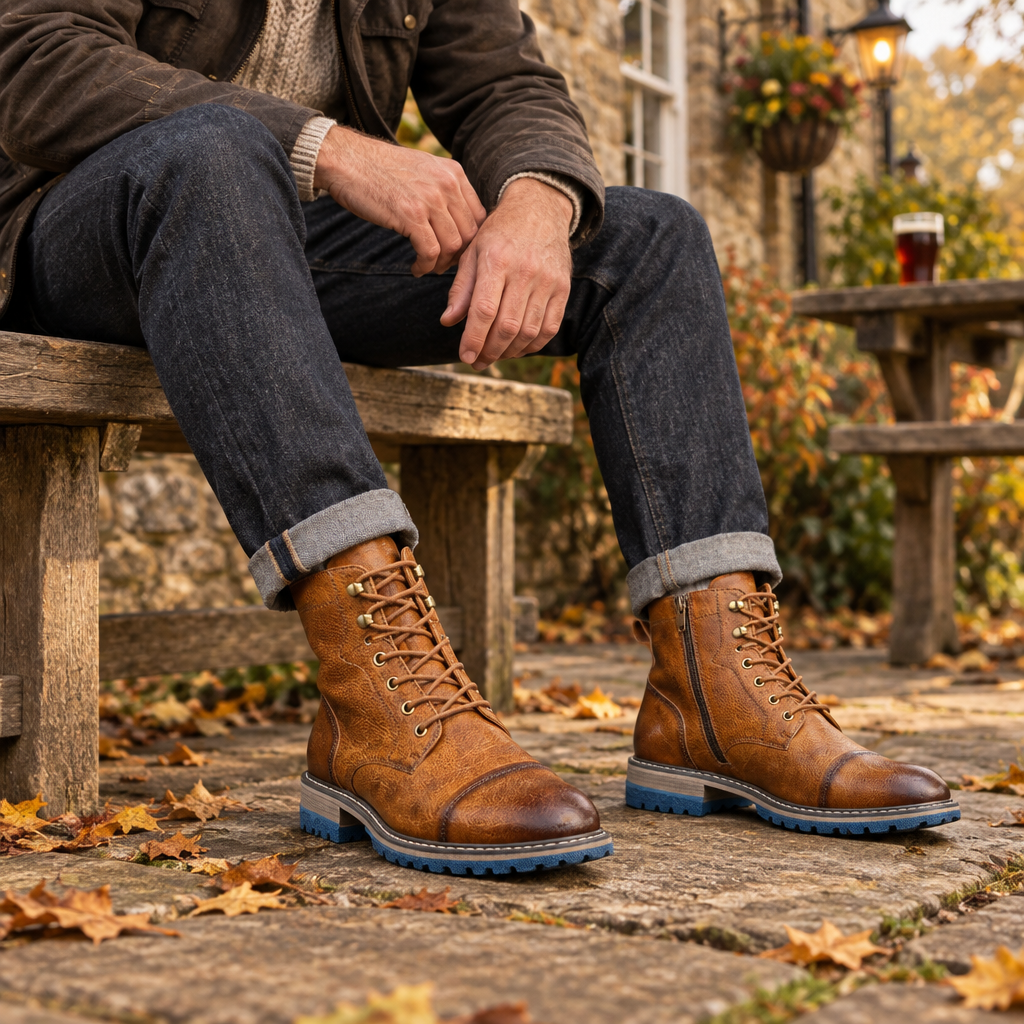 Thornbury boots in Brown worn with jeans