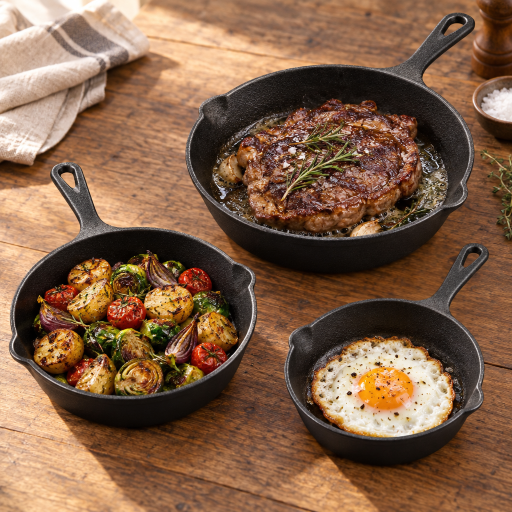 Ironbridge skillets with steak, vegetables and egg