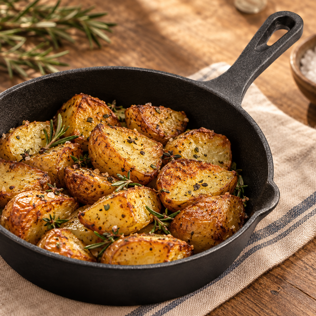 Close-up of an Ironbridge cast iron skillet with potatoes