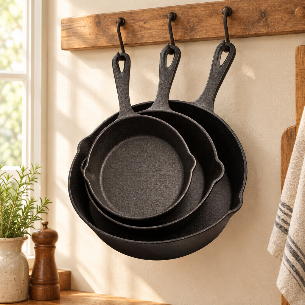 Ironbridge cast iron skillets hanging on a kitchen rail
