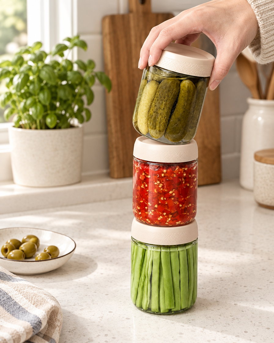 Stacking Evesham glass storage jars with Beige lids