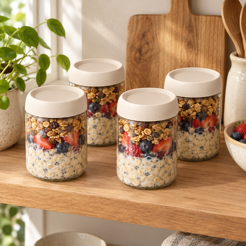 Evesham jars with overnight oats on a kitchen shelf
