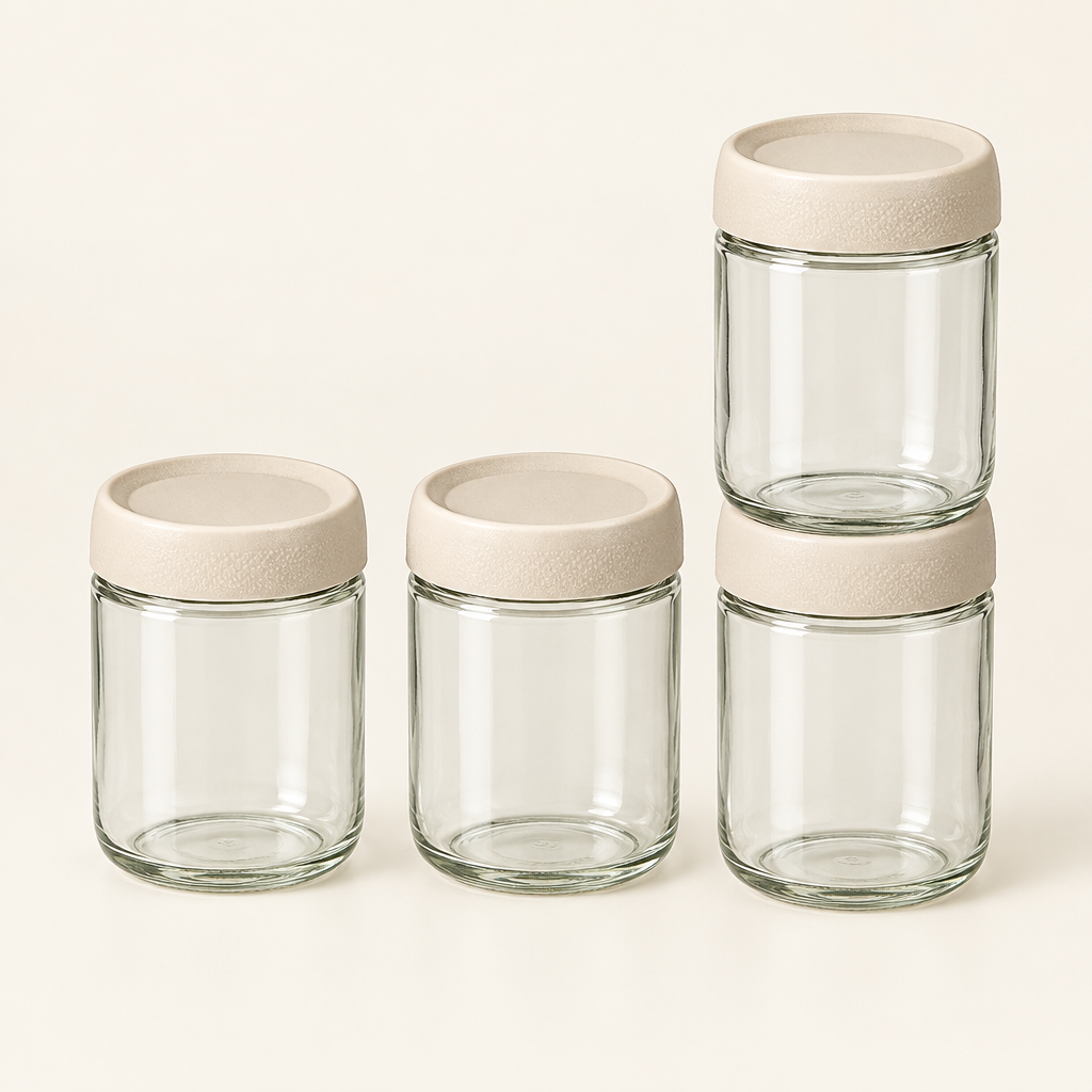 Evesham 350 ml glass storage jars with Beige lids, set of 4