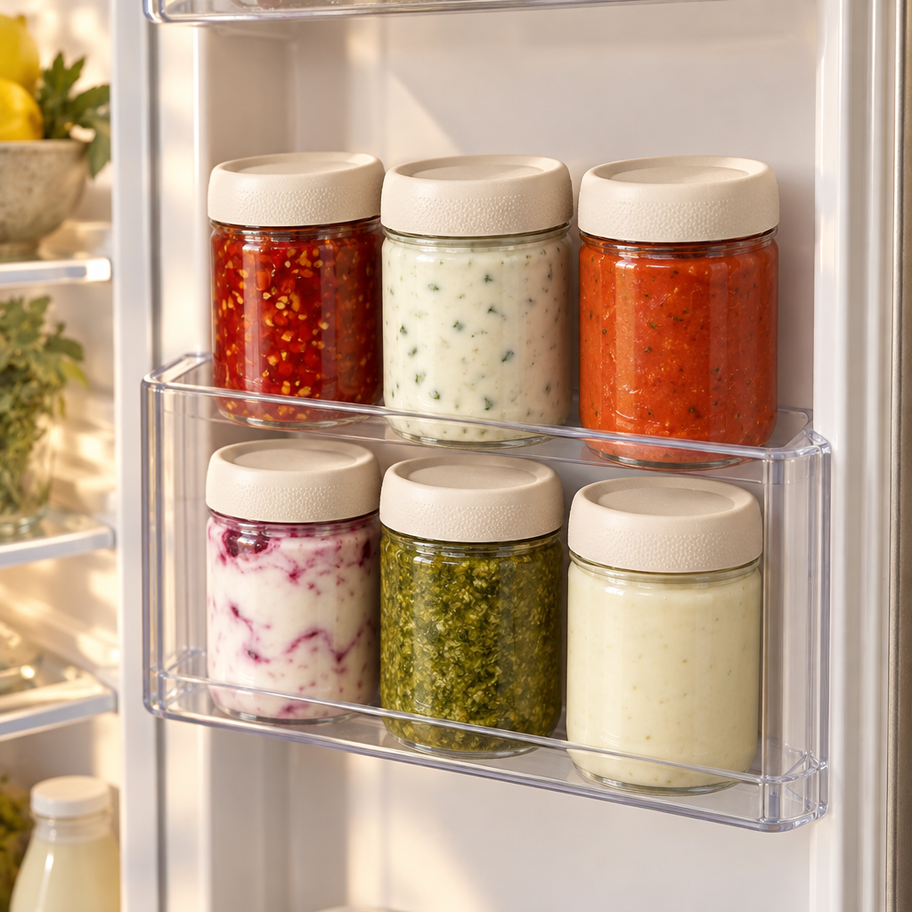 Evesham jars stacked in a fridge door