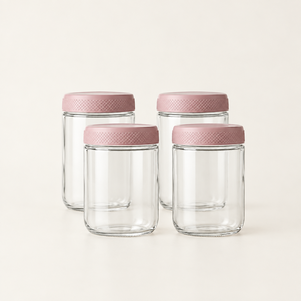 Evesham glass storage jars with Pink lids