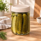 Close-up of an Evesham glass jar with pickles