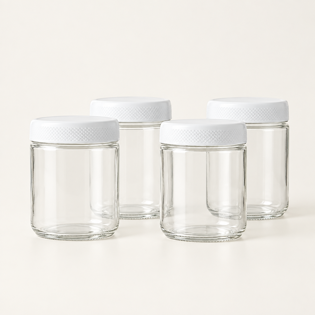 Evesham glass storage jars with White lids